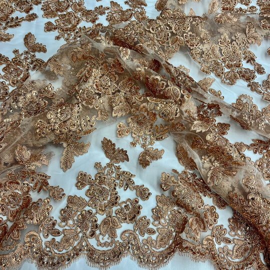 Embroidered & Corded Gold Net Mesh Fabric with Sequin & Beads. Sold by the yard Lace Usa