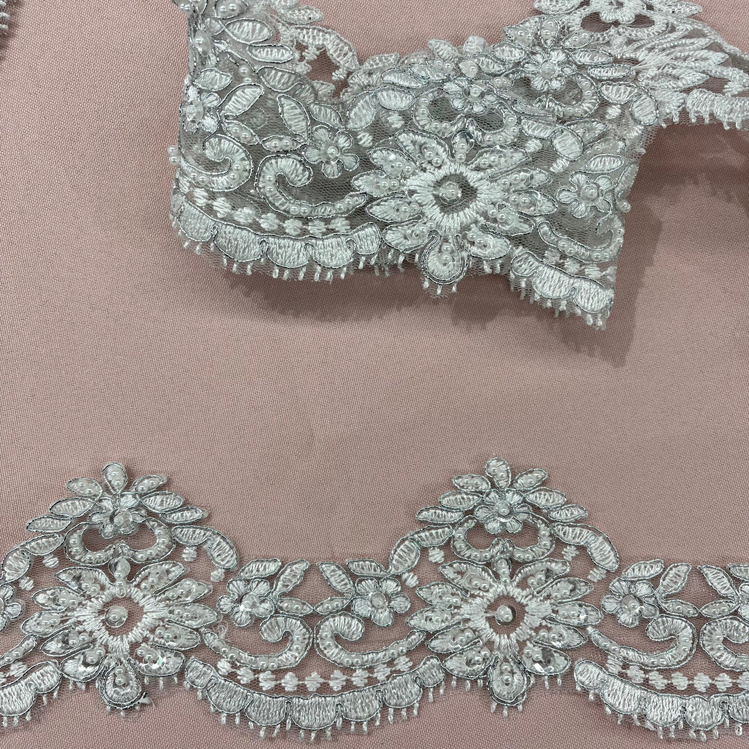 Beaded & Corded Lace Trimming Embroidered on 100% Polyester Net Mesh | Lace USA