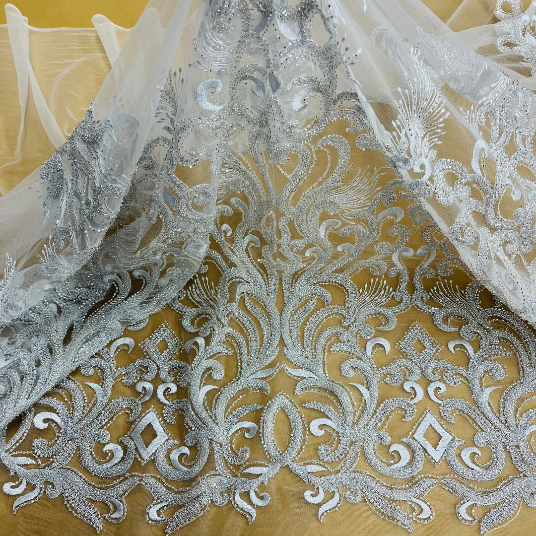 Beaded Lace Fabric Embroidered With Fuzzy Thread on 100% Polyester Net Mesh | Lace USA