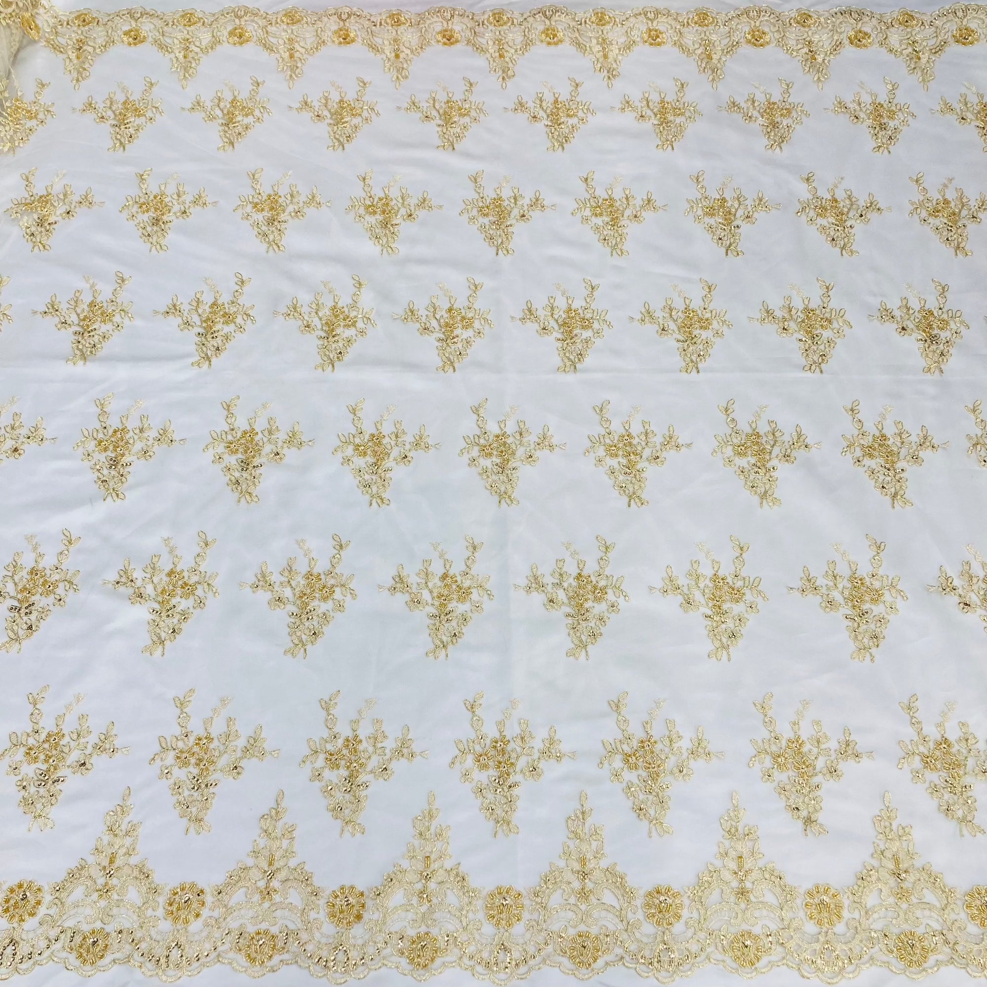 Beaded & Corded Bridal Lace Fabric Embroidered on 100% Polyester Net Mesh | Lace USA - 95247W-HB Gold