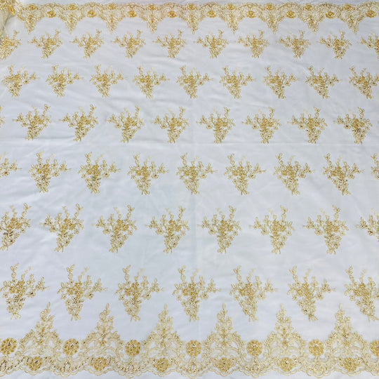 Beaded & Corded Bridal Lace Fabric Embroidered on 100% Polyester Net Mesh | Lace USA - 95247W-HB Gold