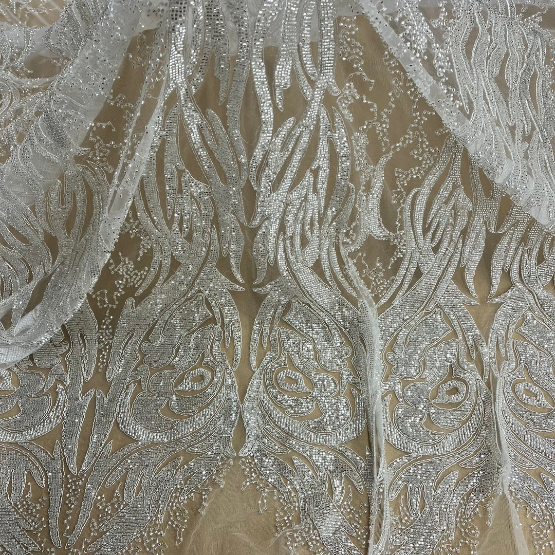 Beaded & Corded Bridal Lace Fabric Embroidered on 100% Polyester Net Mesh | Lace USA