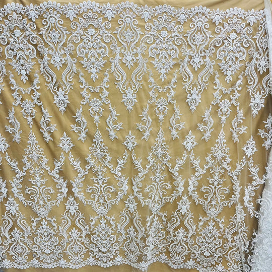 Beaded & Sequined Lace Fabric Embroidered on 100% Polyester Net Mesh | Lace USA - GD-12156 White