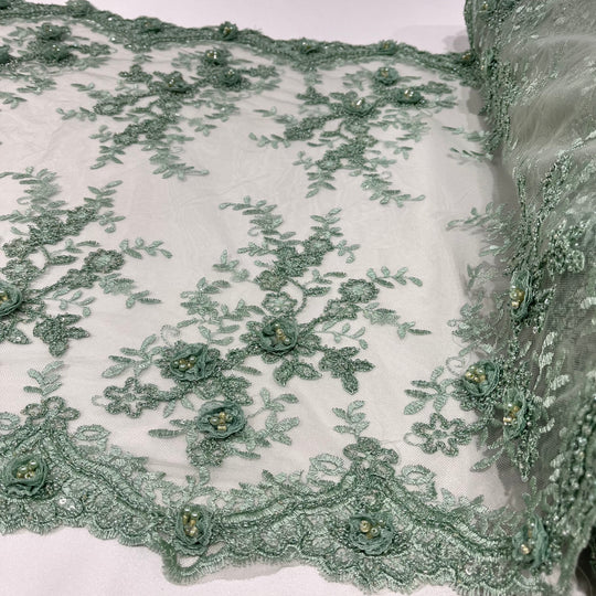 Beaded Double Sided 3D Floral Lace Trimming Embroidered on 100% Polyester Net Mesh | Lace USA