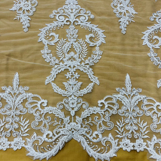 Corded & Beaded Bridal Lace Fabric Embroidered on 100% Polyester Net Mesh. Sold the yard. Lace Usa