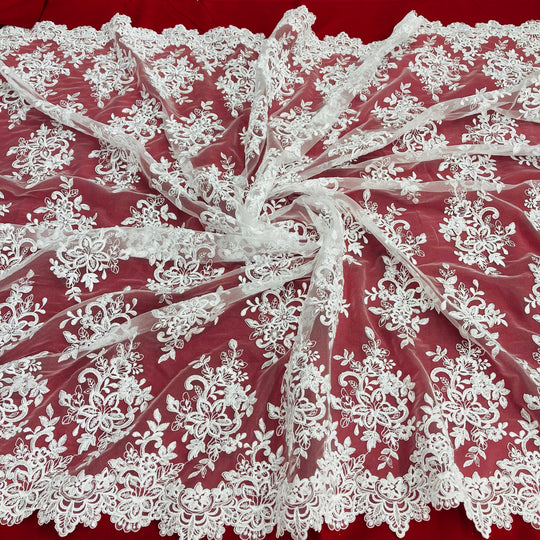 Corded Bridal Lace Fabric Embroidered on 100% Polyester Net Mesh. Lace USA