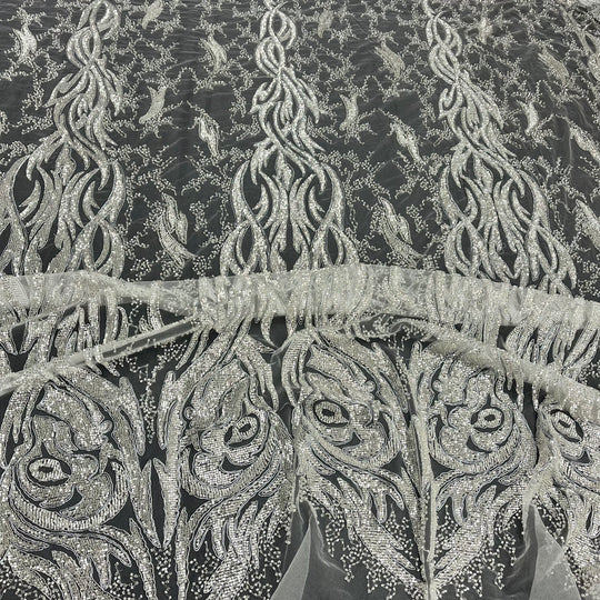 Beaded & Corded Bridal Lace Fabric Embroidered on 100% Polyester Net Mesh | Lace USA