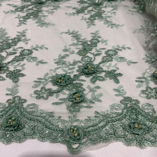 Beaded Double Sided 3D Floral Lace Trimming Embroidered on 100% Polyester Net Mesh | Lace USA