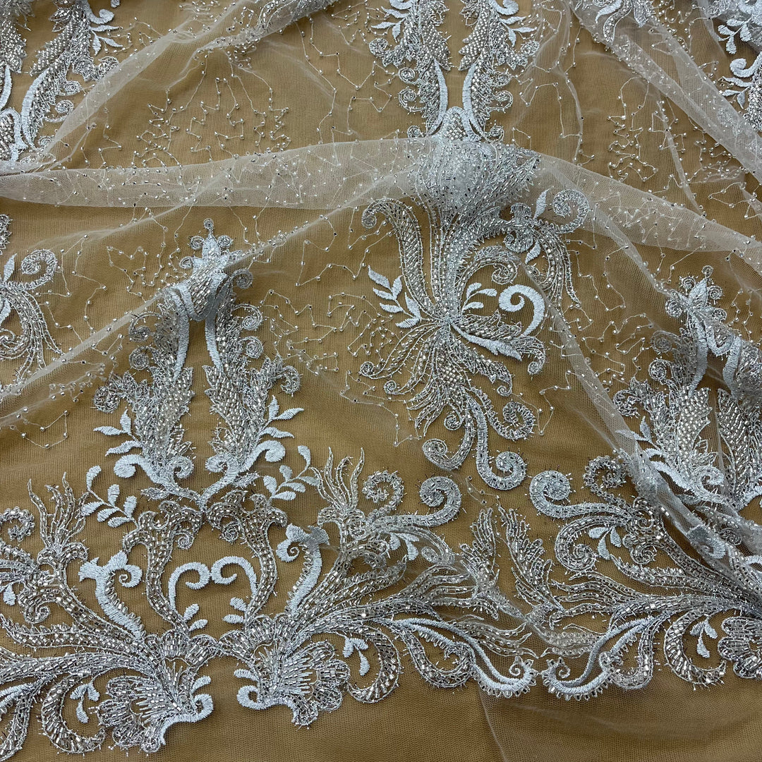 Beaded Lace Fabric Embroidered With Fuzzy Thread on 100% Polyester Net Mesh | Lace USA