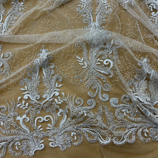 Beaded Lace Fabric Embroidered With Fuzzy Thread on 100% Polyester Net Mesh | Lace USA