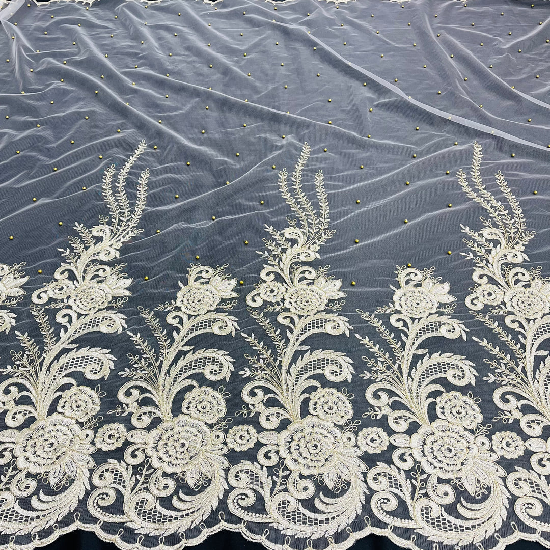 Beaded & Corded Bridal Lace Fabric Embroidered on 100% Polyester Net Mesh | Lace USA