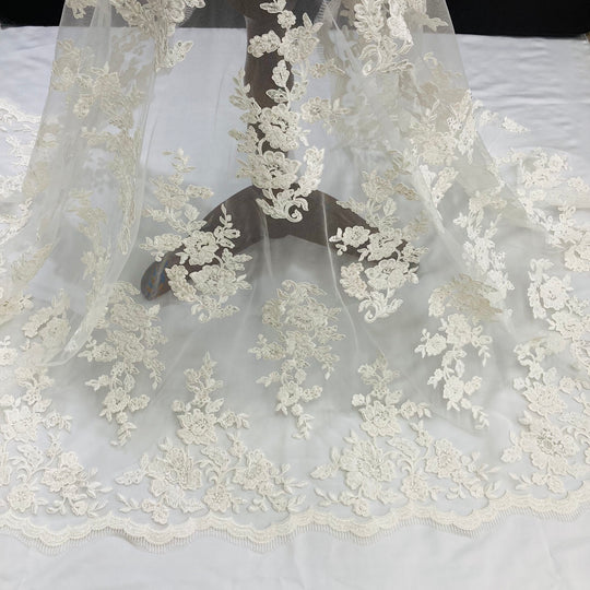 Corded & Beaded Bridal Lace Fabric Embroidered on 100% Polyester Net Mesh. Lace USA