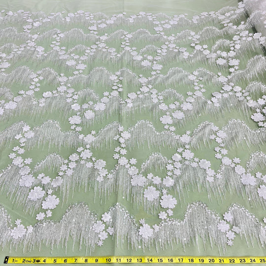 Beaded 3D Floral Lace Fabric Embroidered on 100% Polyester Net Mesh | Lace USA