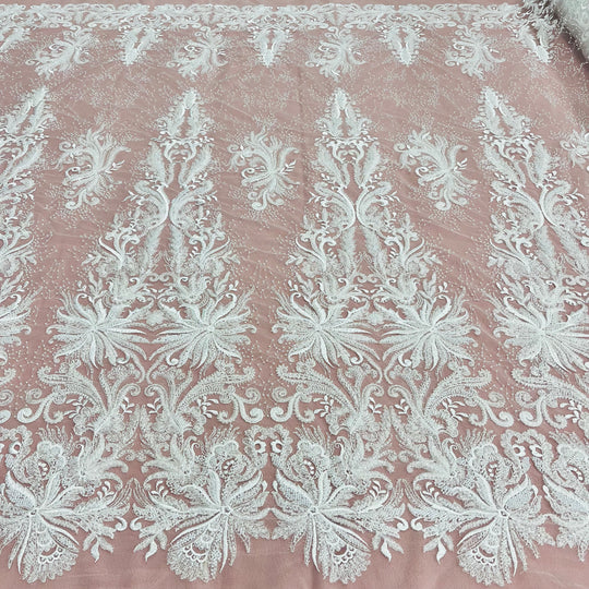 Beaded Lace Fabric Embroidered With Fuzzy Thread on 100% Polyester Net Mesh | Lace USA