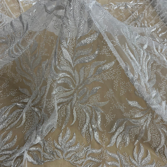 Beaded & Corded Bridal Lace Fabric Embroidered on 100% Polyester Net Mesh | Lace USA