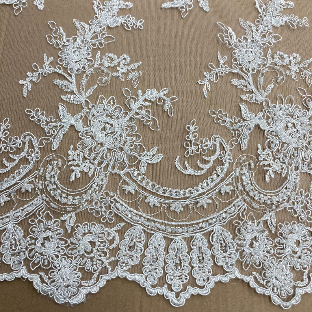 Corded & Beaded Bridal Lace Fabric Embroidered on 100% Polyester Net Mesh. Lace Usa