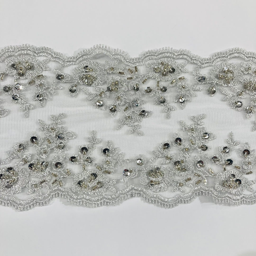 Double Sided Beaded Lace Trimming Embroidered on 100% Polyester Net Mesh. Lace USA