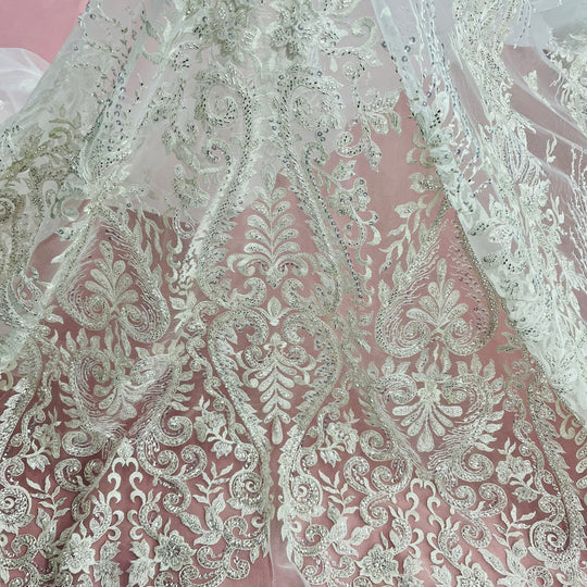 Beaded Lace Fabric Embroidered on 100% Polyester Net Mesh | Lace USA