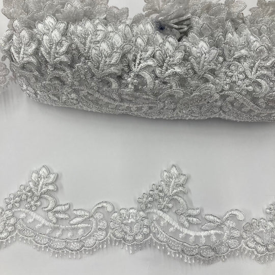 Corded Lace Trimming Embroidered on Poly. Net Mesh. Lace USA