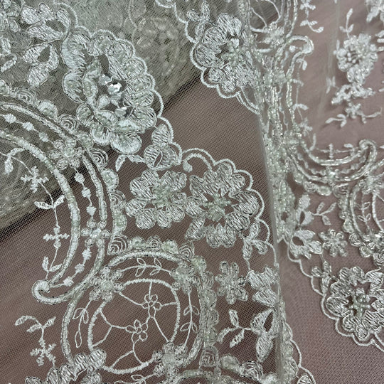 Beaded & Corded Bridal Lace Fabric Embroidered on 100% Polyester Net Mesh | Lace USA