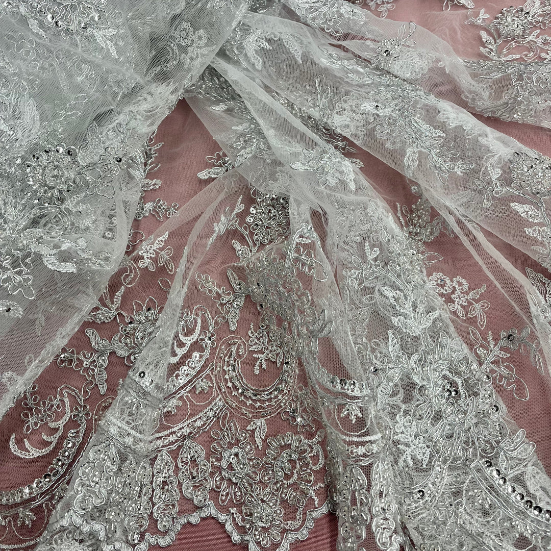 Beaded & Corded Bridal Fabric Lace Embroidered on 100% Polyester Net Mesh | Lace USA