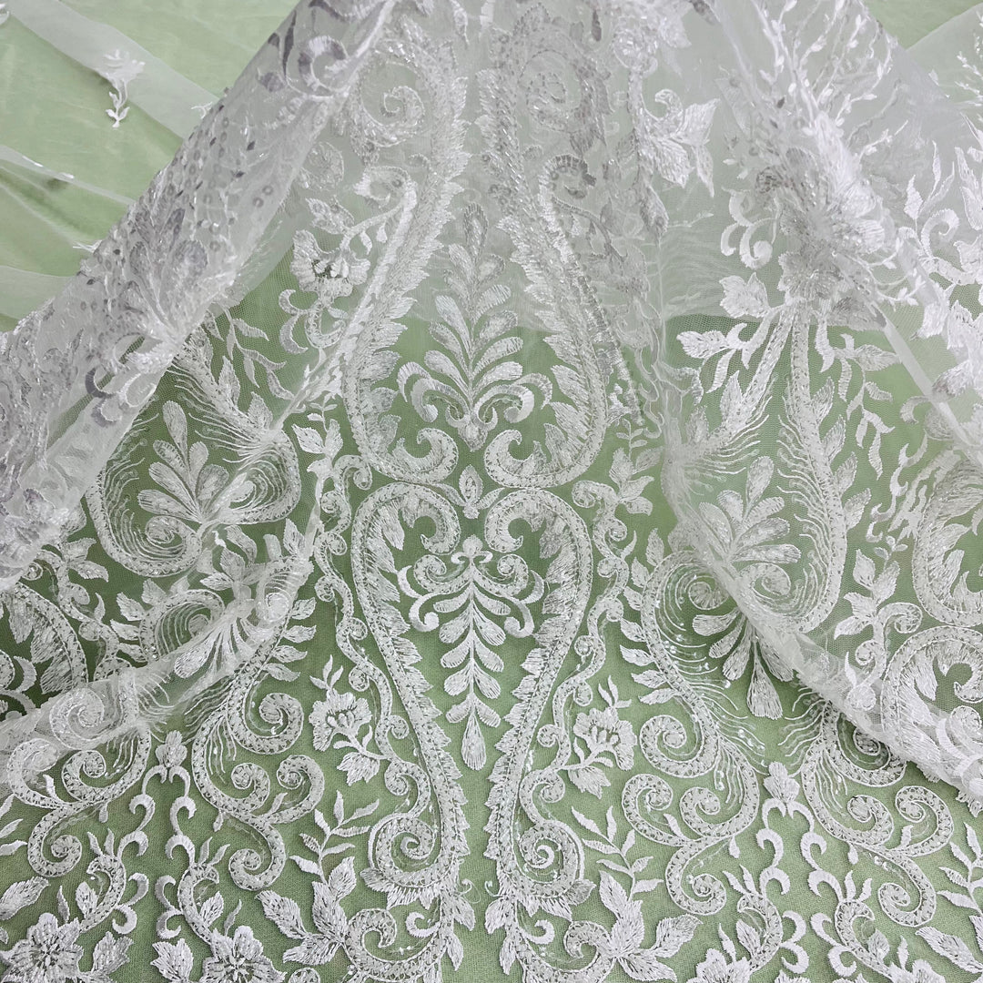 Beaded Lace Fabric Embroidered on 100% Polyester Net Mesh | Lace USA