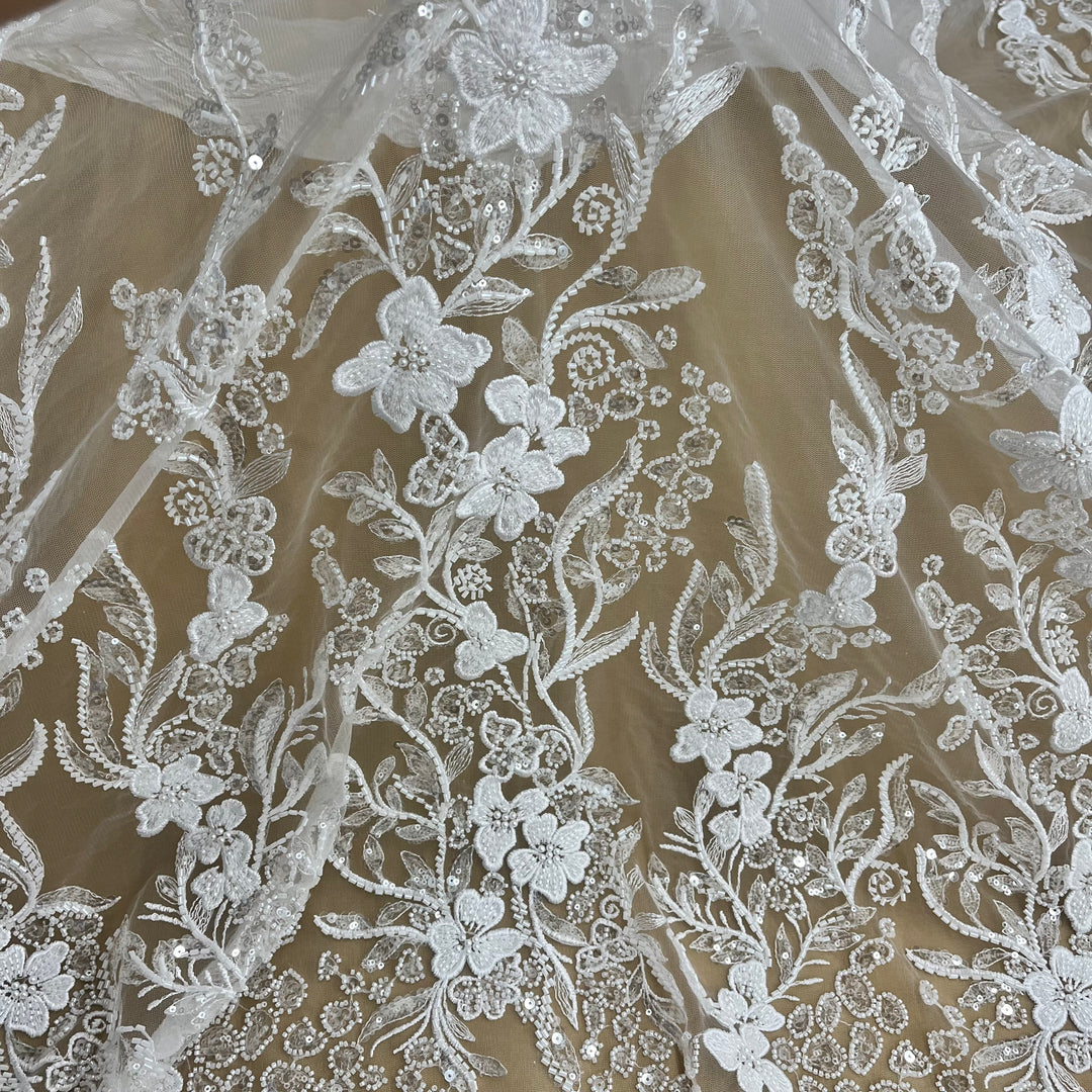 Beaded Lace Fabric Embroidered on 100% Polyester Net Mesh | Lace USA