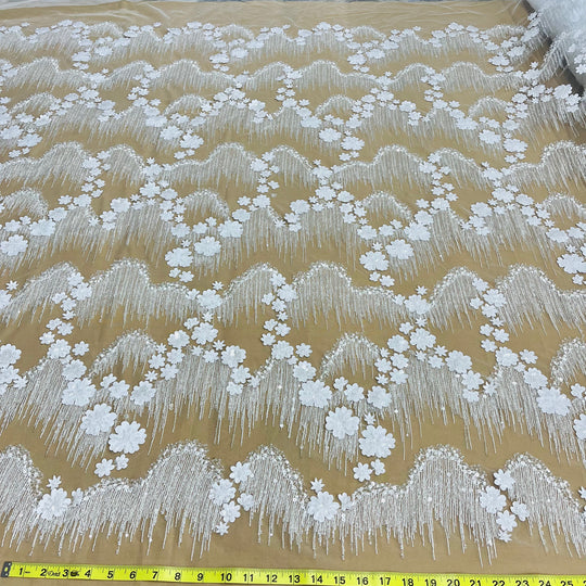 Beaded 3D Floral Lace Fabric Embroidered on 100% Polyester Net Mesh | Lace USA