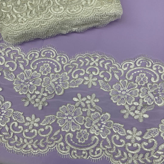 Corded & Embroidered Double Sided Trimming on Mesh Net Lace. Lace USA