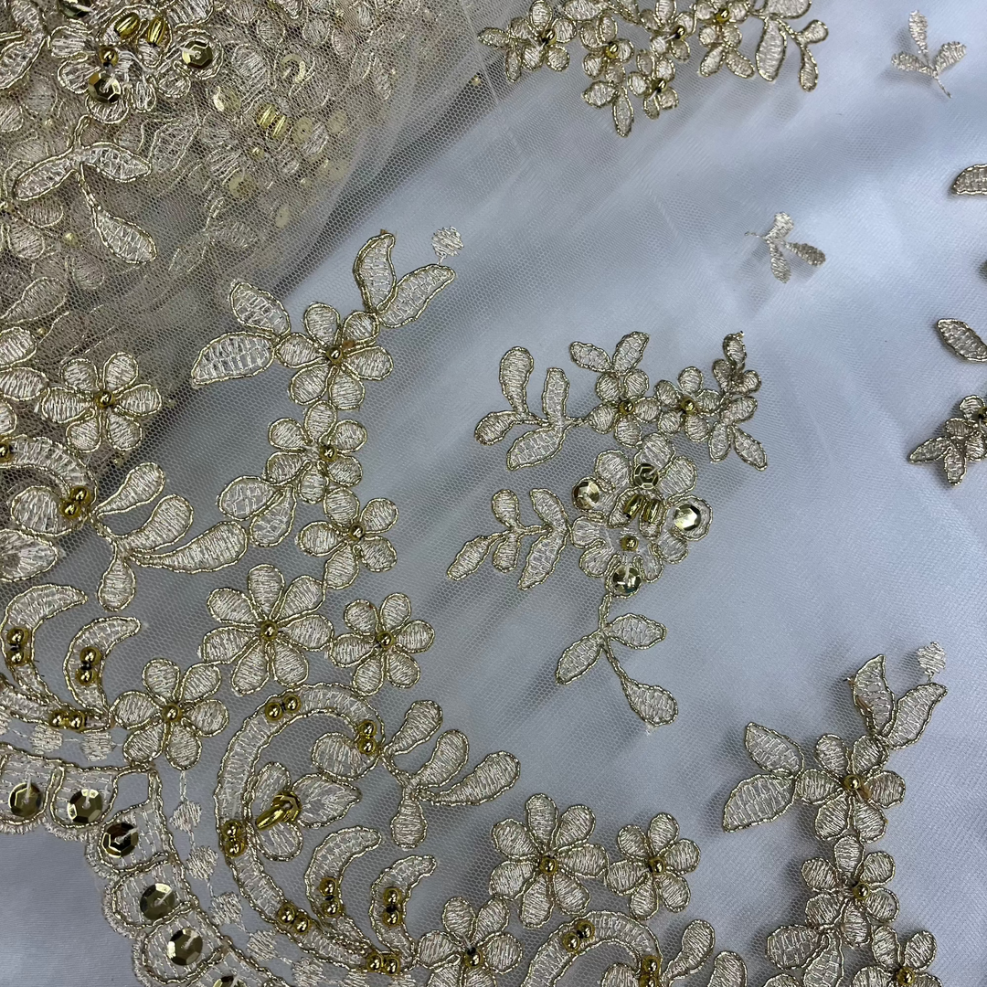 Beaded & Corded Bridal Lace Fabric Embroidered on 100% Polyester Net Mesh | Lace USA - 91436W-BP