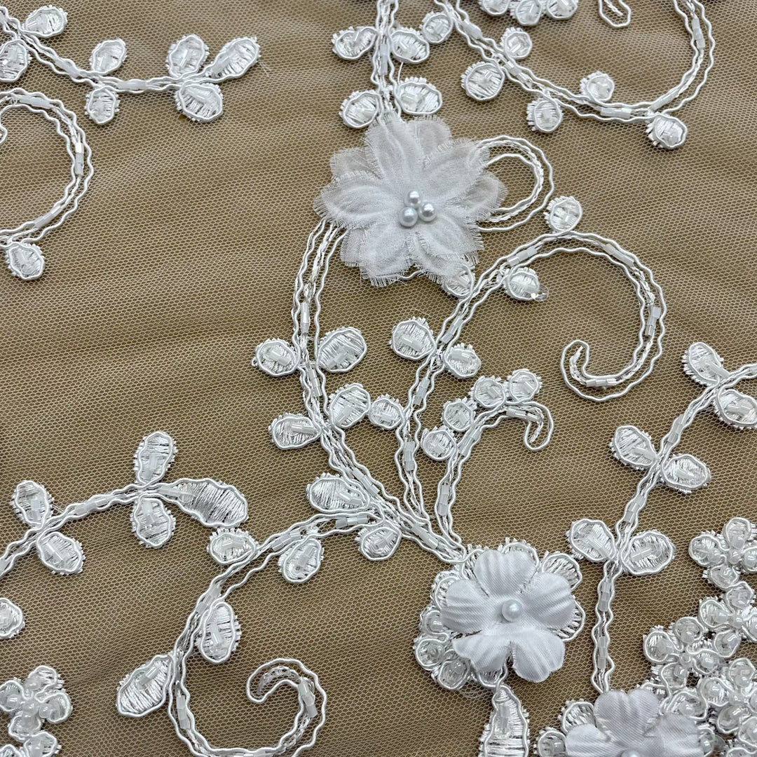 Beaded 3D Floral Lace Fabric Embroidered on 100% Polyester Net Mesh | Lace USA - GD-SG01