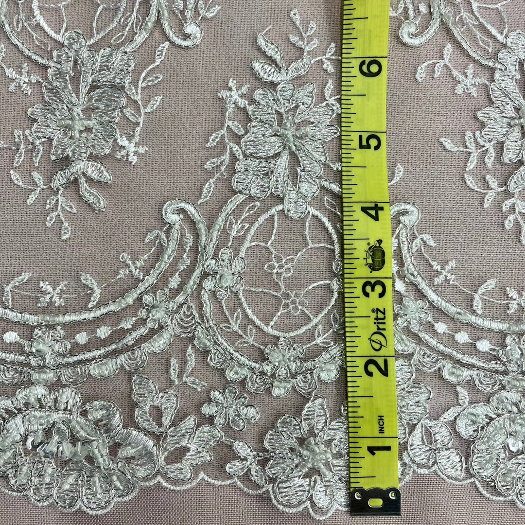 Beaded & Corded Bridal Lace Fabric Embroidered on 100% Polyester Net Mesh | Lace USA