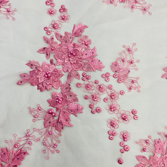 3D Floral Embroidered & Beaded Net Fabric. Lace USA