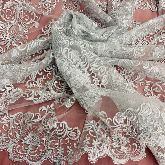 Corded Bridal Lace Fabric Embroidered on 100% Polyester Net Mesh | Lace USA