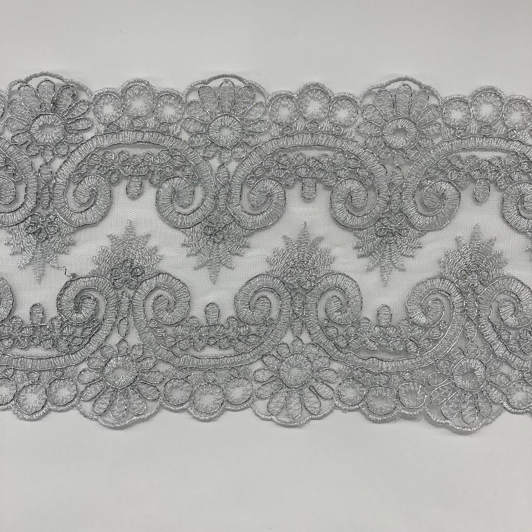 Corded & Embroidered Silver Double Sided Trimming on Mesh Net Lace. Lace Usa