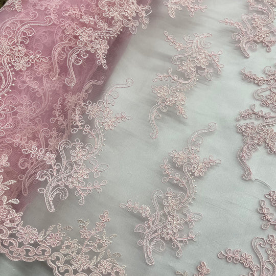 Corded Bridal Lace Fabric Embroidered on 100% Polyester Net Mesh | Lace USA