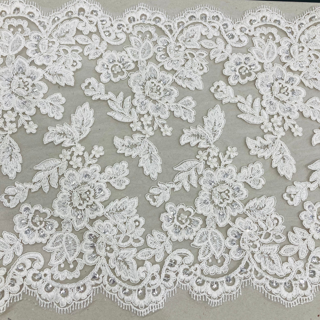 Double Sided Lace Trimming Beaded Corded Embroidered on 100% Polyester Net Mesh | Lace USA