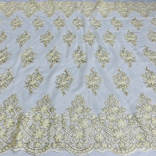 Beaded Corded Lace Fabric With Scallops Embroidered on 100% Poly Metallic | Lace USA