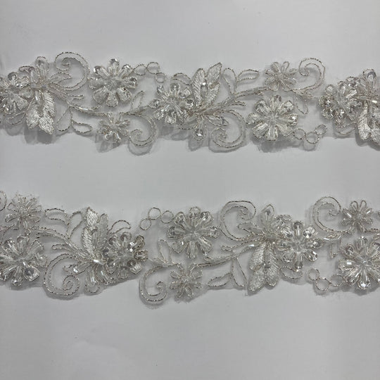 Beaded, Corded & Embroidered White with Silver Trimming. Lace Usa