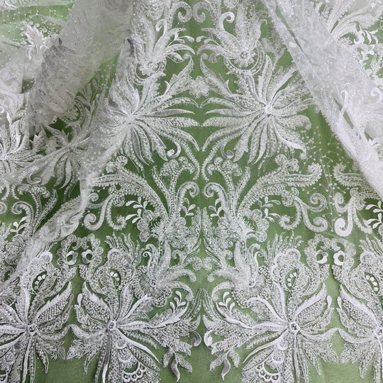 Beaded Lace Fabric Embroidered With Fuzzy Thread on 100% Polyester Net Mesh | Lace USA