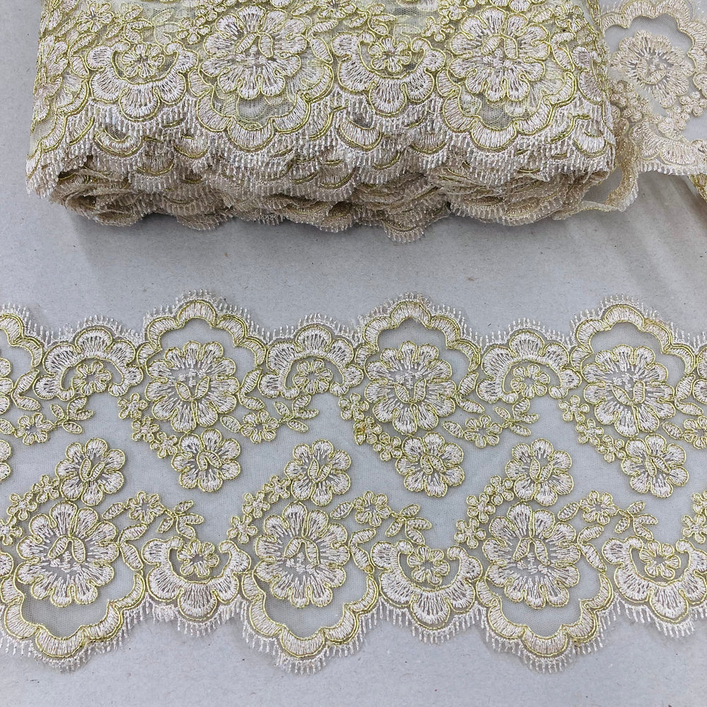 Corded & Embroidered Double Sided Trimming on Mesh Net Lace. Lace USA