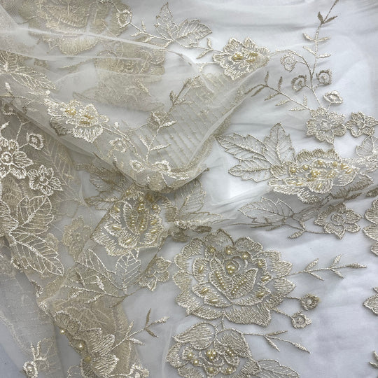 Beaded Lace Fabric Embroidered on 100% Polyester Net Mesh | Lace USA