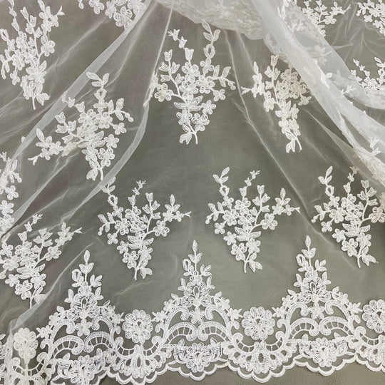 Beaded & Corded Bridal Lace Fabric Embroidered on 100% Polyester Net Mesh | Lace USA - 95247W-BP