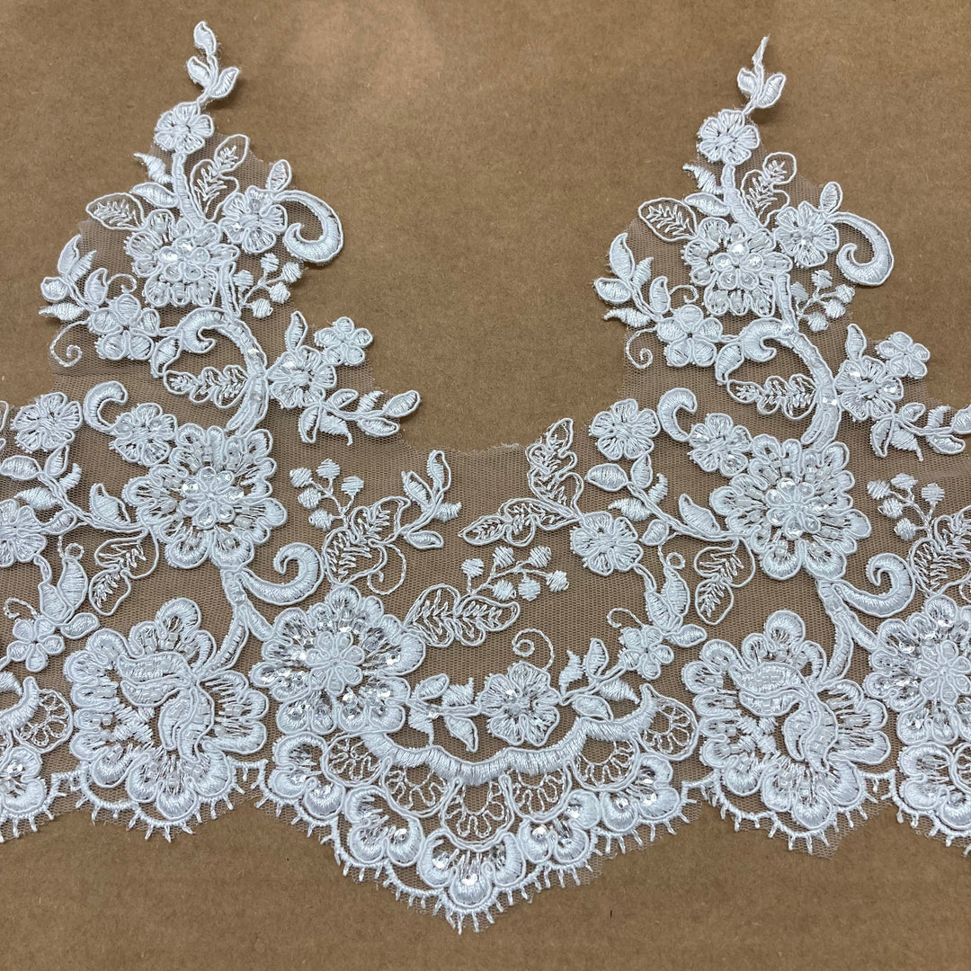 Corded, Beaded Floral White Lace Trimming Embroidered on Net Mesh. Lace Usa