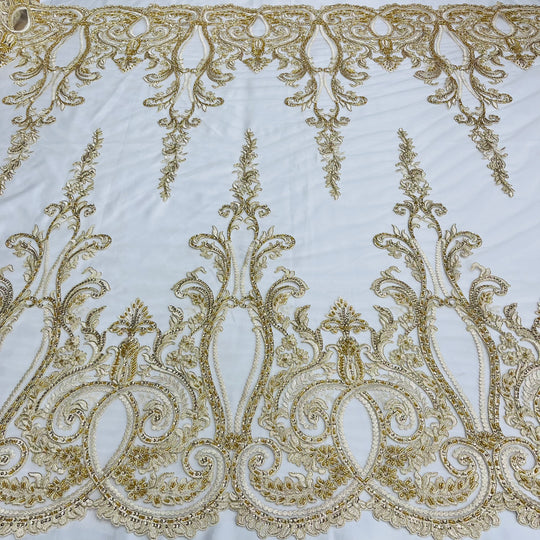 Beaded & Corded Bridal Lace Fabric Embroidered on 100% Polyester Net Mesh | Lace USA