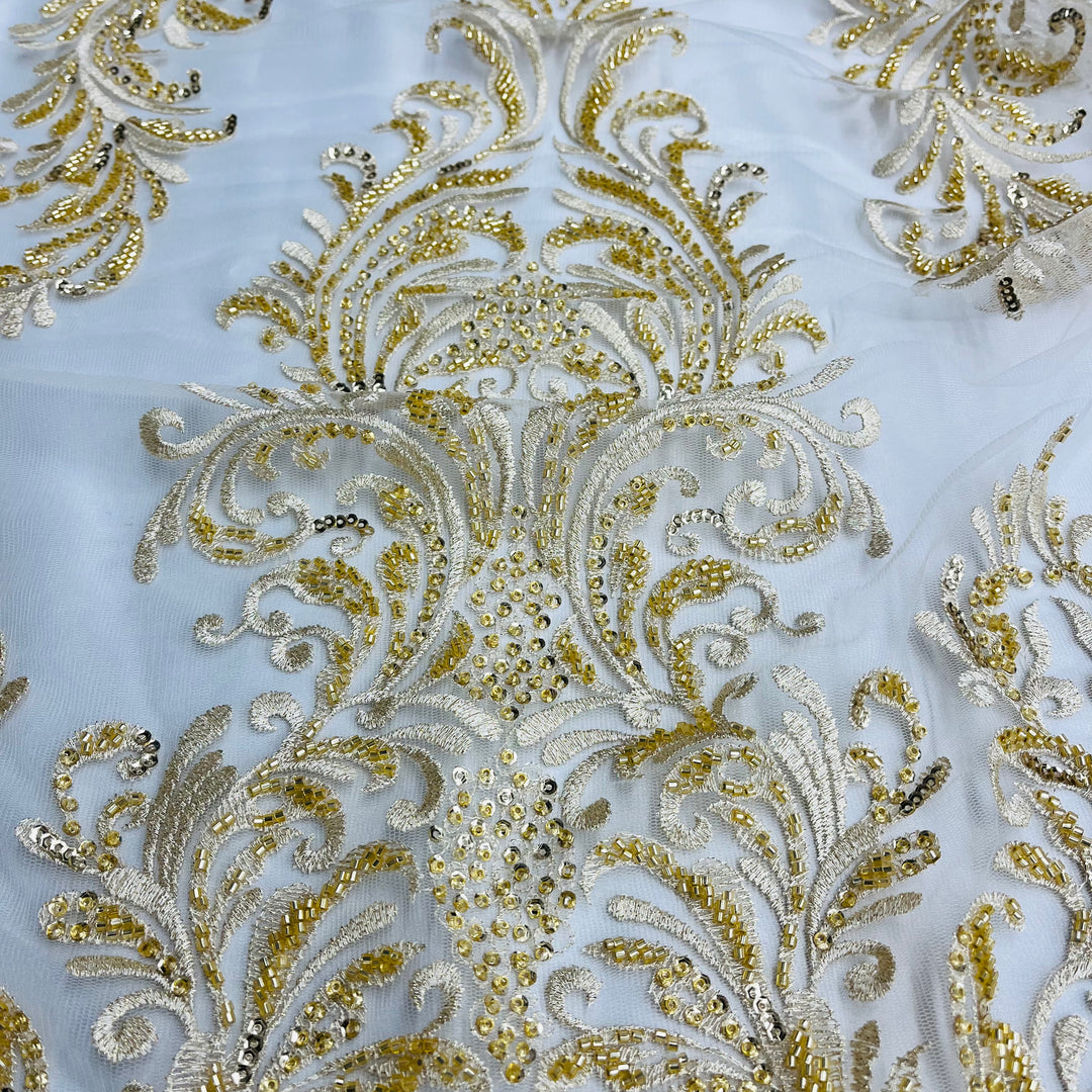 Beaded Lace Fabric Embroidered on 100% Polyester Net Mesh | Lace USA-GD-13267