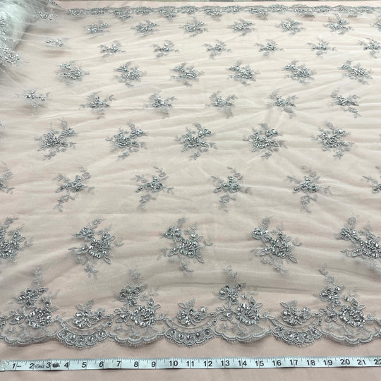 Beaded & Corded Bridal Lace Fabric Embroidered on 100% Polyester Net Mesh | Lace USA