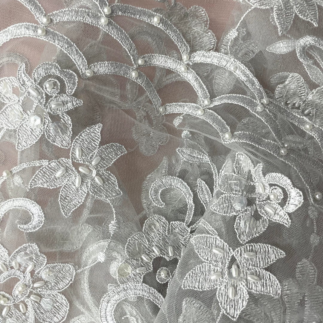 Beaded & Corded Bridal Fabric Lace Embroidered on 100% Polyester Net Mesh | Lace USA