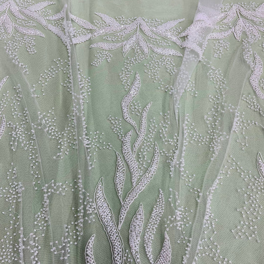 Beaded & Corded Bridal Lace Fabric Embroidered on 100% Polyester Net Mesh | Lace USA