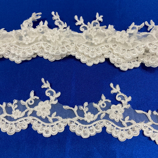 Beaded & Corded Lace Trimming Embroidered on 100% Polyester. Lace Usa